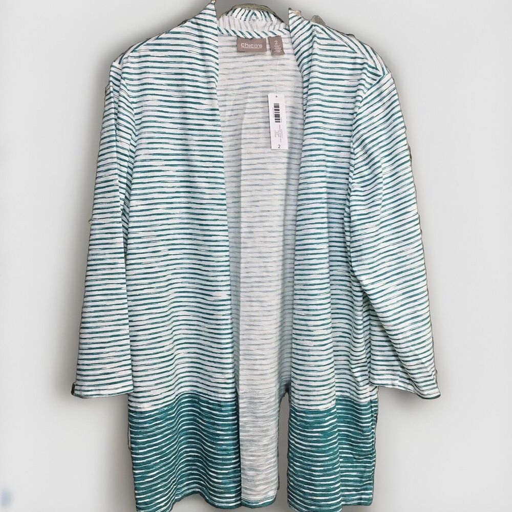 Chico’s Striped Open Front Cardigan Womens 2 L Green White Coastal Lightweight